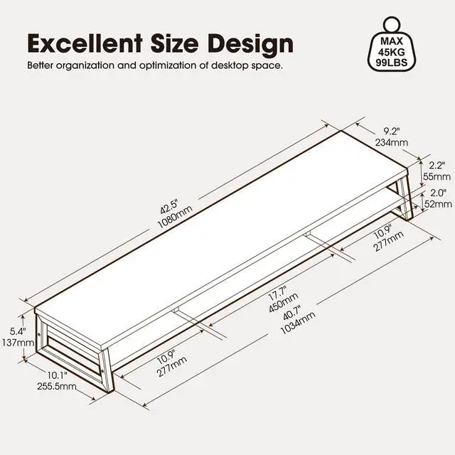 Alt view image 6 of 7 - Dual Monitor Stand for Desk, 42.5in Large Monitor Riser for 2 Monitors, 2 Tier Computer Office Desk Top Shelf, Desktop Storage Stand for Laptop, PC, Computer, Printer
