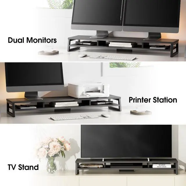 Alt view image 7 of 7 - Dual Monitor Stand for Desk, 42.5in Large Monitor Riser for 2 Monitors, 2 Tier Computer Office Desk Top Shelf, Desktop Storage Stand for Laptop, PC, Computer, Printer
