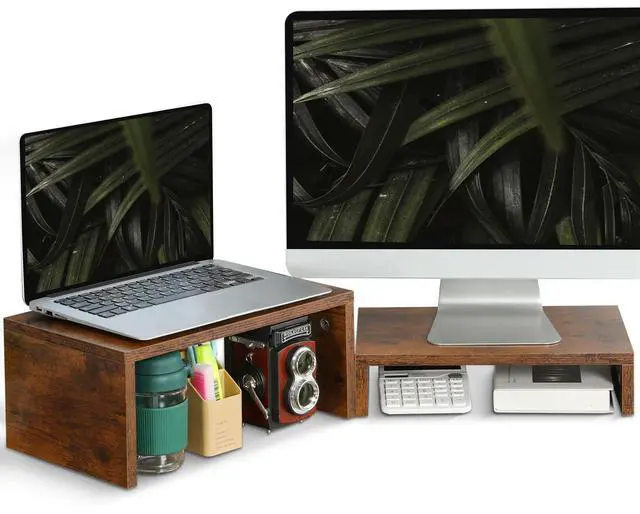 Main image of 2 Pack Monitor Stand Riser Rustic Brown,Wood 2 Tier Adjustable Monitor Stand Dual Monitor Riser for 2 Monitors/Laptop/PC Computer Stand Desktop Space Saver
