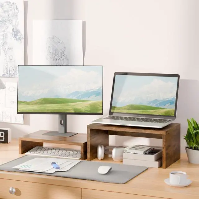 Alt view image 2 of 7 - 2 Pack Monitor Stand Riser Rustic Brown,Wood 2 Tier Adjustable Monitor Stand Dual Monitor Riser for 2 Monitors/Laptop/PC Computer Stand Desktop Space Saver