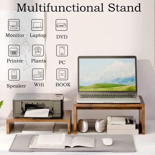 Alt view image 5 of 7 - 2 Pack Monitor Stand Riser Rustic Brown,Wood 2 Tier Adjustable Monitor Stand Dual Monitor Riser for 2 Monitors/Laptop/PC Computer Stand Desktop Space Saver