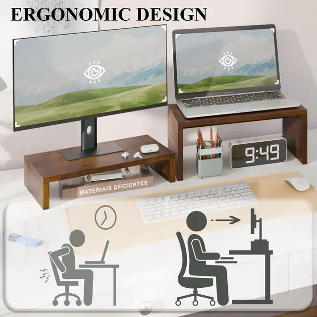 Alt view image 6 of 7 - 2 Pack Monitor Stand Riser Rustic Brown,Wood 2 Tier Adjustable Monitor Stand Dual Monitor Riser for 2 Monitors/Laptop/PC Computer Stand Desktop Space Saver