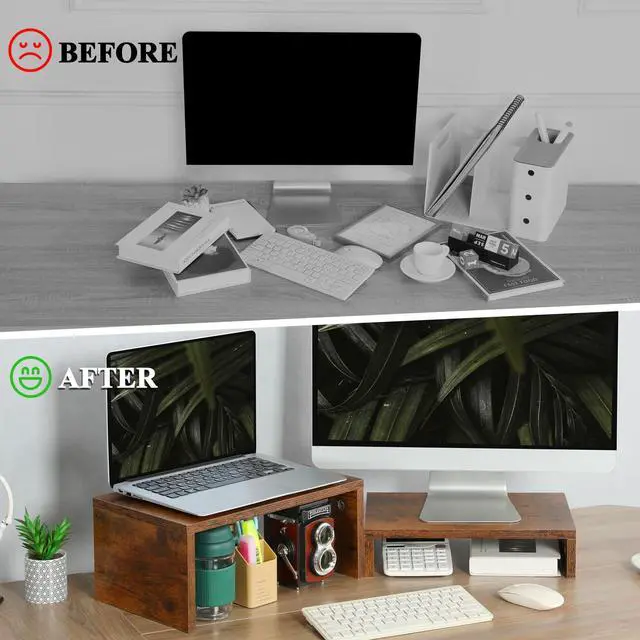 Alt view image 7 of 7 - 2 Pack Monitor Stand Riser Rustic Brown,Wood 2 Tier Adjustable Monitor Stand Dual Monitor Riser for 2 Monitors/Laptop/PC Computer Stand Desktop Space Saver