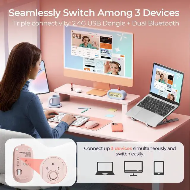 Alt view image 2 of 7 - MOU001 Bluetooth Wireless Mouse, 3-Device Connection (USB & Dual Bluetooth), Ergonomic Mouse for Laptop, Rechargeable Quiet Click Computer Mouse, 3-Level DPI for Windows, Mac Chromebook,pink