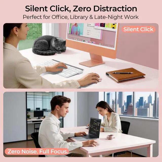 Alt view image 3 of 7 - MOU001 Bluetooth Wireless Mouse, 3-Device Connection (USB & Dual Bluetooth), Ergonomic Mouse for Laptop, Rechargeable Quiet Click Computer Mouse, 3-Level DPI for Windows, Mac Chromebook,pink