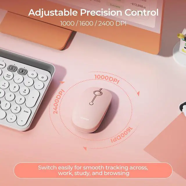 Alt view image 5 of 7 - MOU001 Bluetooth Wireless Mouse, 3-Device Connection (USB & Dual Bluetooth), Ergonomic Mouse for Laptop, Rechargeable Quiet Click Computer Mouse, 3-Level DPI for Windows, Mac Chromebook,pink