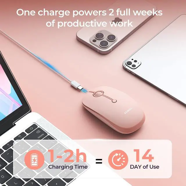 Alt view image 6 of 7 - MOU001 Bluetooth Wireless Mouse, 3-Device Connection (USB & Dual Bluetooth), Ergonomic Mouse for Laptop, Rechargeable Quiet Click Computer Mouse, 3-Level DPI for Windows, Mac Chromebook,pink
