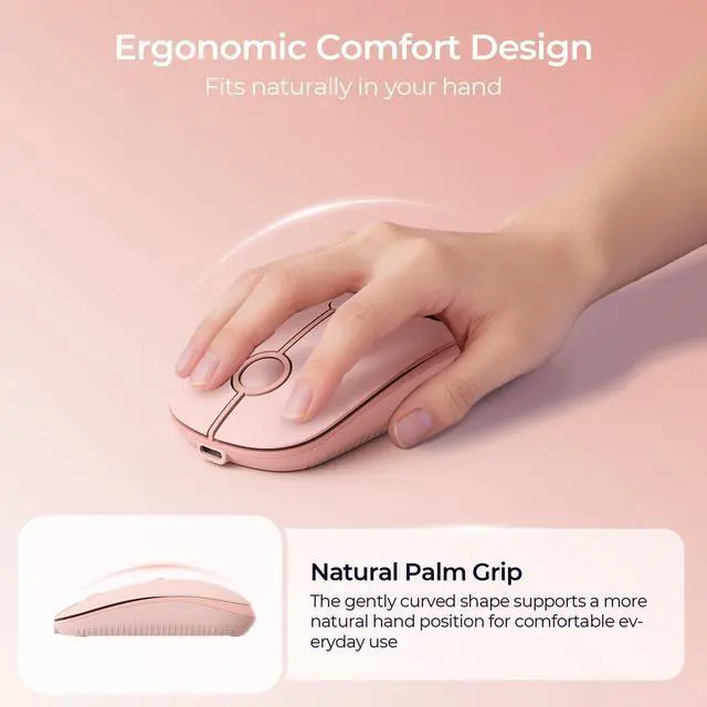 Alt view image 4 of 7 - MOU001 Bluetooth Wireless Mouse, 3-Device Connection (USB & Dual Bluetooth), Ergonomic Mouse for Laptop, Rechargeable Quiet Click Computer Mouse, 3-Level DPI for Windows, Mac Chromebook,pink