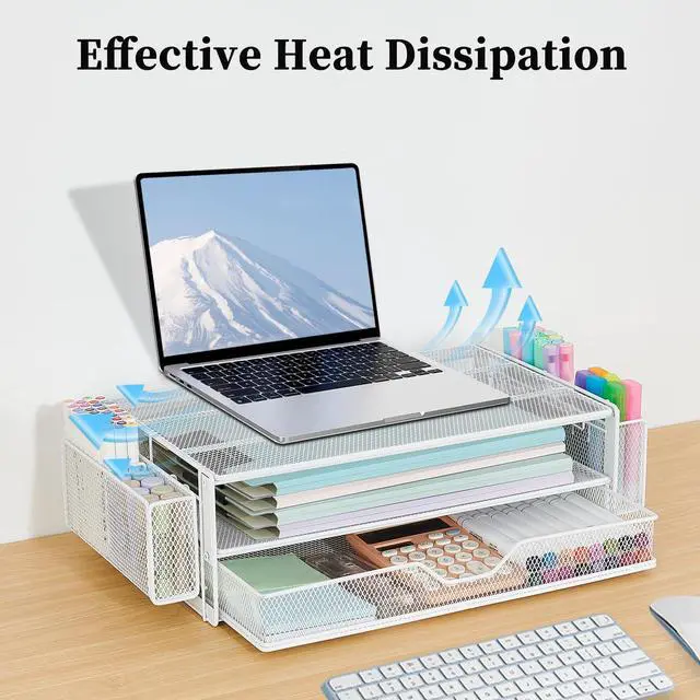 Alt view image 6 of 7 - Computer Monitor Stands Riser2-Tier Desk Organizers and Accessories, Office Desk Accessories Organizer with Drawers and 2 Pen Holder for Office Supplies (White)