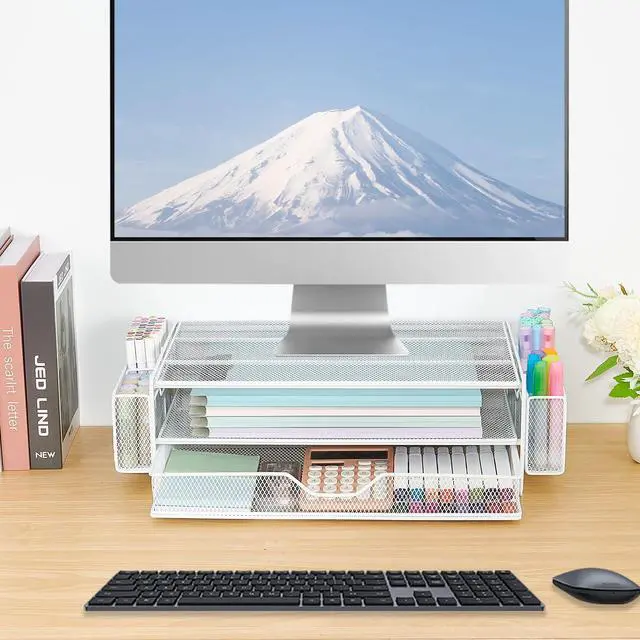 Alt view image 5 of 7 - Computer Monitor Stands Riser2-Tier Desk Organizers and Accessories, Office Desk Accessories Organizer with Drawers and 2 Pen Holder for Office Supplies (White)