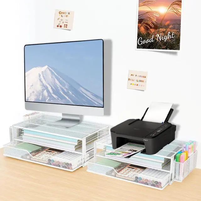 Alt view image 7 of 7 - Computer Monitor Stands Riser2-Tier Desk Organizers and Accessories, Office Desk Accessories Organizer with Drawers and 2 Pen Holder for Office Supplies (White)