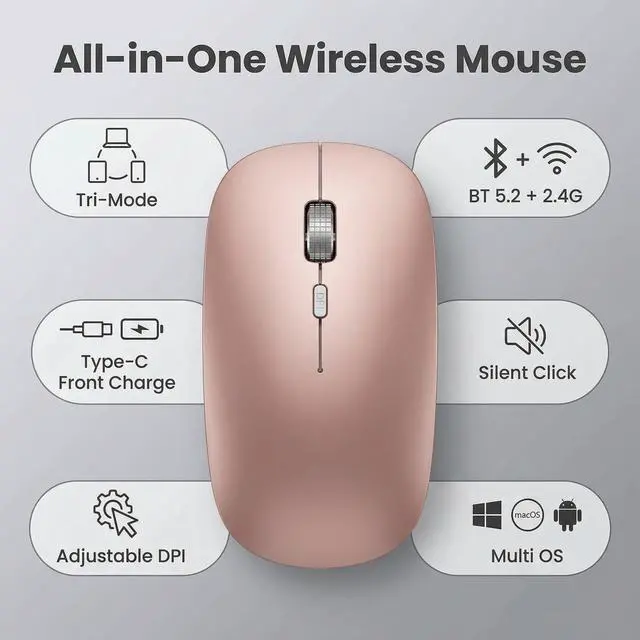 Alt view image 3 of 7 - M31 Bluetooth Mouse for MacBook Pro/Air, iPad - Rechargeable Tri-Mode Wireless Mouse for 3 Devices (BT 5.2 + 2.4G), Portable Silent Computer Mouse for Surface, Windows, Rose Gold