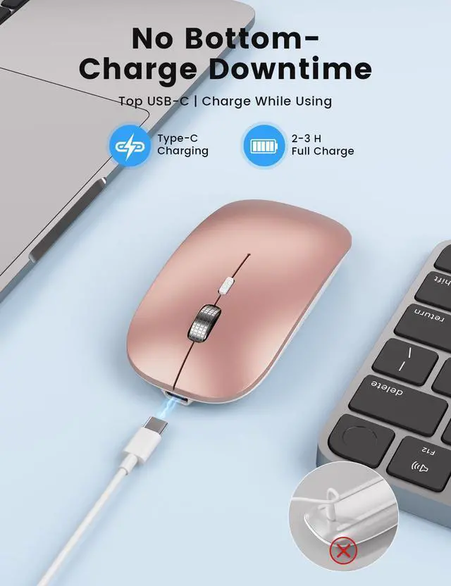 Alt view image 5 of 7 - M31 Bluetooth Mouse for MacBook Pro/Air, iPad - Rechargeable Tri-Mode Wireless Mouse for 3 Devices (BT 5.2 + 2.4G), Portable Silent Computer Mouse for Surface, Windows, Rose Gold