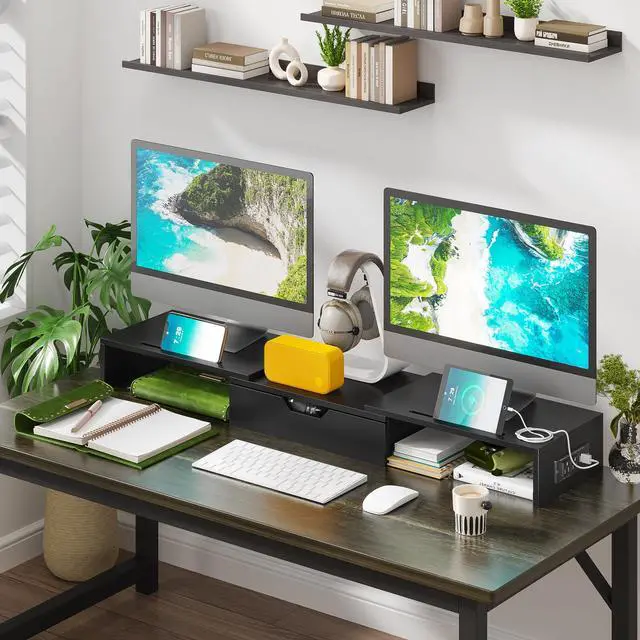 Alt view image 3 of 7 - Dual Monitor Stand with USB Ports,Wood Computer Monitor Stand Riser with Drawer,Adjustable Desk Shelf,Desk Organizer for Computer,Laptop,No Assembly Required,Black