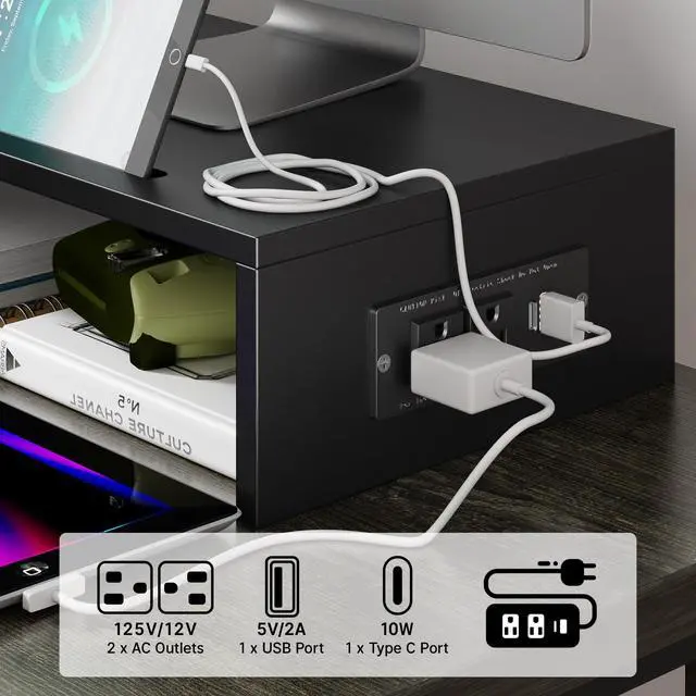 Alt view image 4 of 7 - Dual Monitor Stand with USB Ports,Wood Computer Monitor Stand Riser with Drawer,Adjustable Desk Shelf,Desk Organizer for Computer,Laptop,No Assembly Required,Black