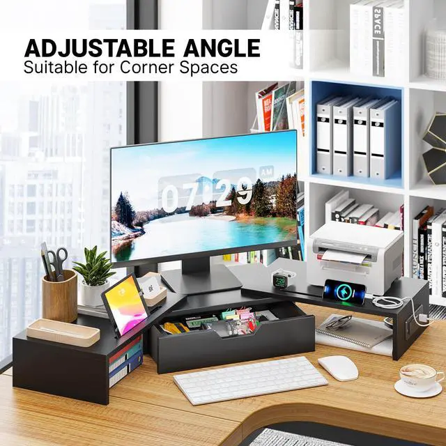 Alt view image 7 of 7 - Dual Monitor Stand with USB Ports,Wood Computer Monitor Stand Riser with Drawer,Adjustable Desk Shelf,Desk Organizer for Computer,Laptop,No Assembly Required,Black