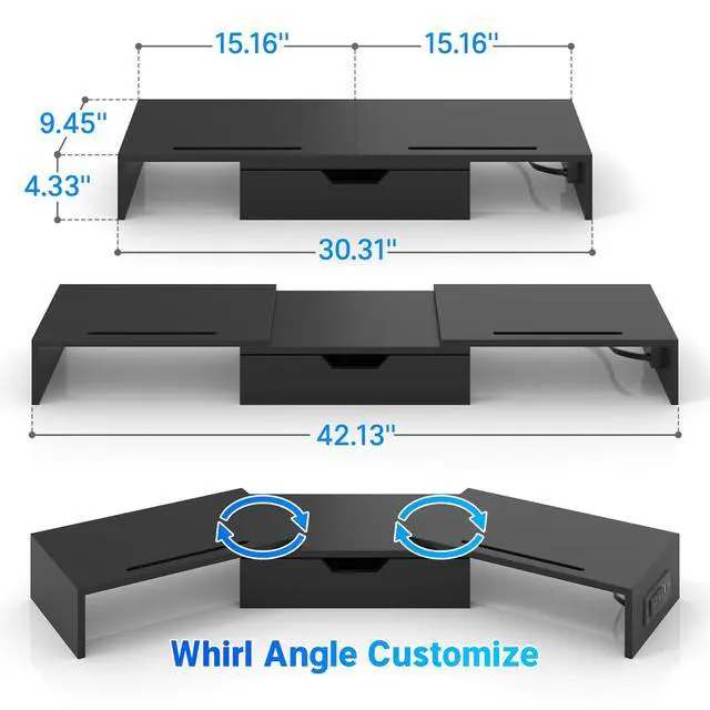 Alt view image 2 of 7 - Dual Monitor Stand with USB Ports,Wood Computer Monitor Stand Riser with Drawer,Adjustable Desk Shelf,Desk Organizer for Computer,Laptop,No Assembly Required,Black