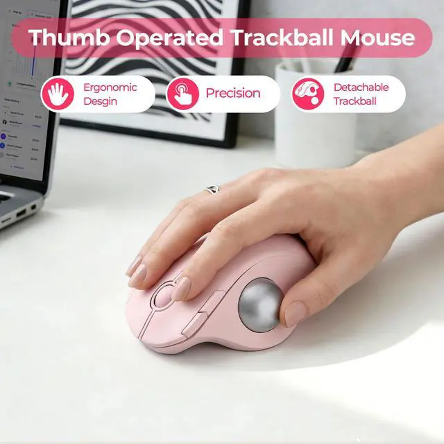 Alt view image 2 of 7 - Wireless Trackball Mouse, Ergonomic Bluetooth Rollerball Mouse Rechargeable, 3 Device Connection Optical Mice Adjustable DPI Thumb Control Mice Compatible for PC/Laptop/Windows/Mac - Rose Pink