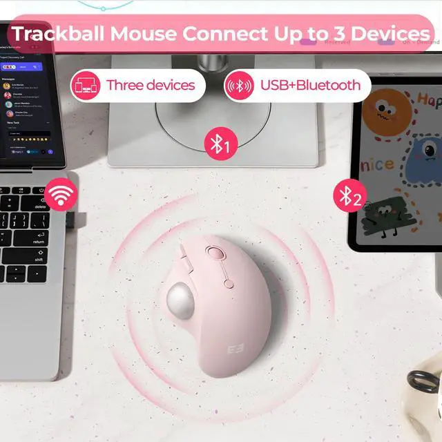 Alt view image 5 of 7 - Wireless Trackball Mouse, Ergonomic Bluetooth Rollerball Mouse Rechargeable, 3 Device Connection Optical Mice Adjustable DPI Thumb Control Mice Compatible for PC/Laptop/Windows/Mac - Rose Pink