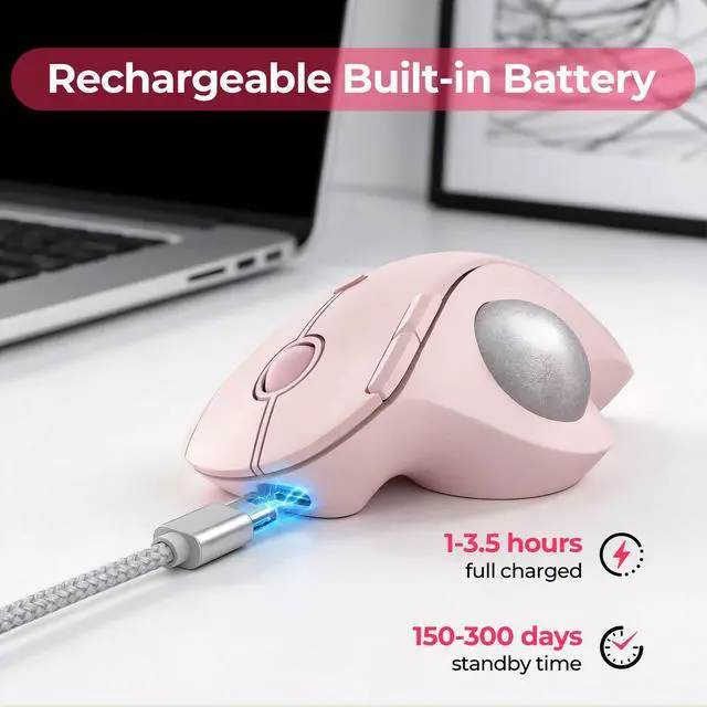 Alt view image 6 of 7 - Wireless Trackball Mouse, Ergonomic Bluetooth Rollerball Mouse Rechargeable, 3 Device Connection Optical Mice Adjustable DPI Thumb Control Mice Compatible for PC/Laptop/Windows/Mac - Rose Pink
