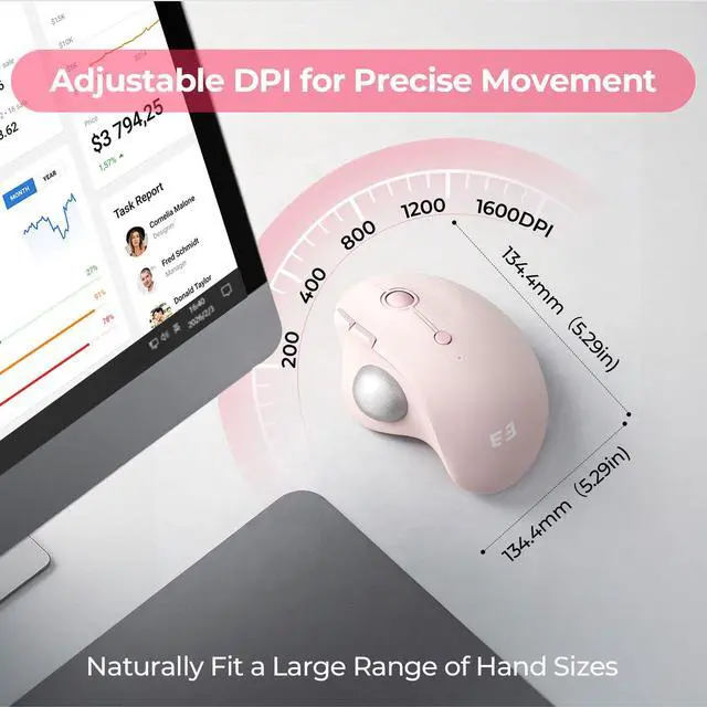 Alt view image 7 of 7 - Wireless Trackball Mouse, Ergonomic Bluetooth Rollerball Mouse Rechargeable, 3 Device Connection Optical Mice Adjustable DPI Thumb Control Mice Compatible for PC/Laptop/Windows/Mac - Rose Pink