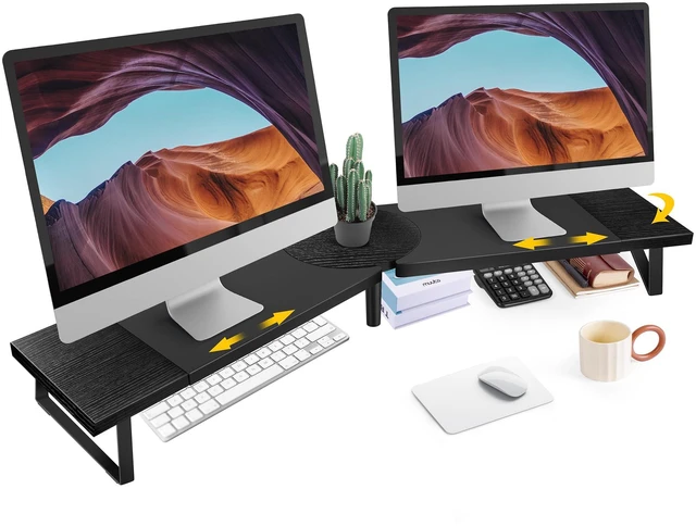 Main image of Dual-Monitor Stand for Desk - Large Adjustable Length and Angle Riser for 2 Monitors, Double Computer Desktop Organizer, Shelf for TV, Laptop, Printer