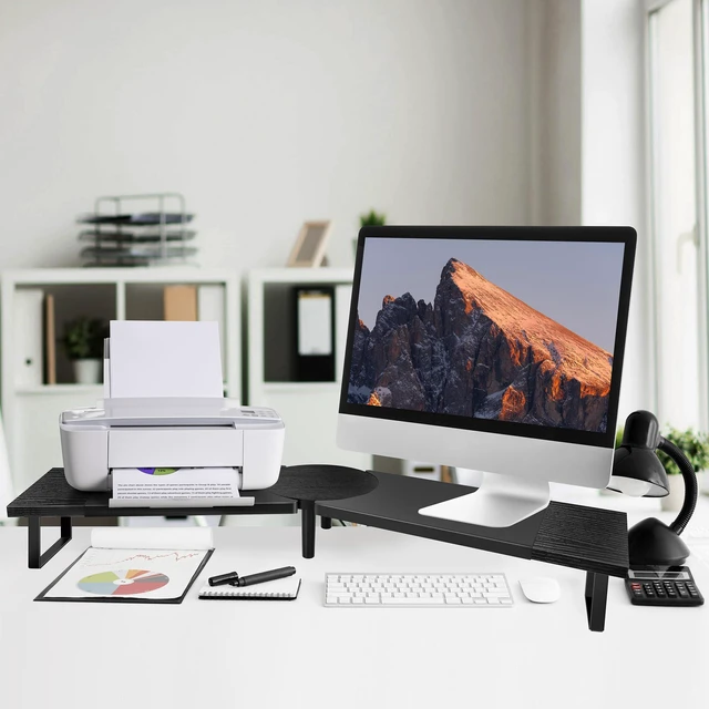 Alt view image 2 of 7 - Dual-Monitor Stand for Desk - Large Adjustable Length and Angle Riser for 2 Monitors, Double Computer Desktop Organizer, Shelf for TV, Laptop, Printer