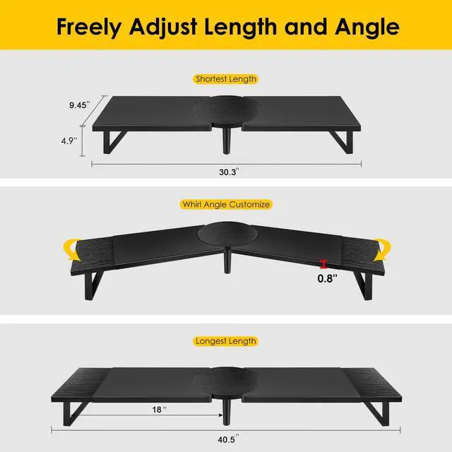 Alt view image 3 of 7 - Dual-Monitor Stand for Desk - Large Adjustable Length and Angle Riser for 2 Monitors, Double Computer Desktop Organizer, Shelf for TV, Laptop, Printer
