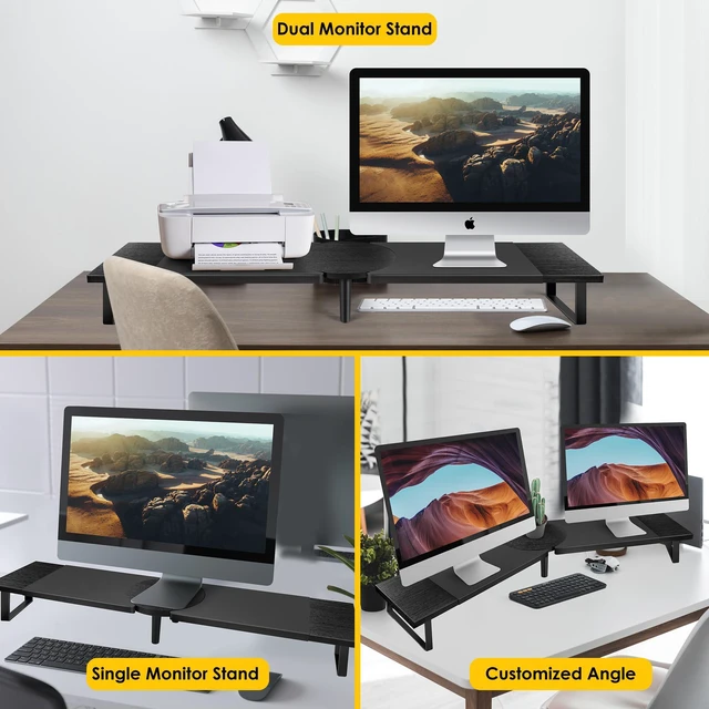 Alt view image 4 of 7 - Dual-Monitor Stand for Desk - Large Adjustable Length and Angle Riser for 2 Monitors, Double Computer Desktop Organizer, Shelf for TV, Laptop, Printer