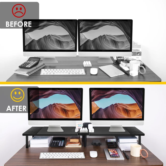Alt view image 5 of 7 - Dual-Monitor Stand for Desk - Large Adjustable Length and Angle Riser for 2 Monitors, Double Computer Desktop Organizer, Shelf for TV, Laptop, Printer