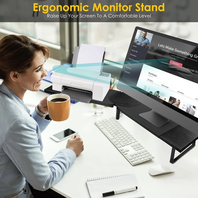 Alt view image 6 of 7 - Dual-Monitor Stand for Desk - Large Adjustable Length and Angle Riser for 2 Monitors, Double Computer Desktop Organizer, Shelf for TV, Laptop, Printer