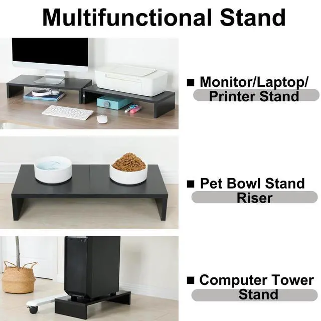 Alt view image 4 of 7 - 2 Pack Monitor Stand Riser-20 inch, Black Desktop Stand for PC/TV/Laptop/Printer, Keyboard Shelf Organizer Wood Monitor Riser with Storage