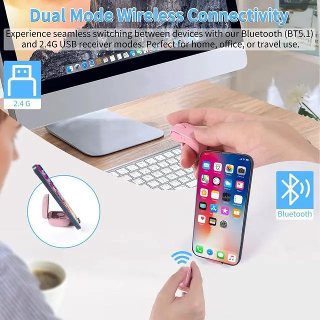 Alt view image 2 of 7 - Mini Bluetooth Wireless Mouse Dual Mode Finger & Ring Touchpad Design, Rechargeable with Charging Case for PC, Laptops, Tablets & Smartphones Ideal for Remote Control, Page Turning,Travel (Pink)