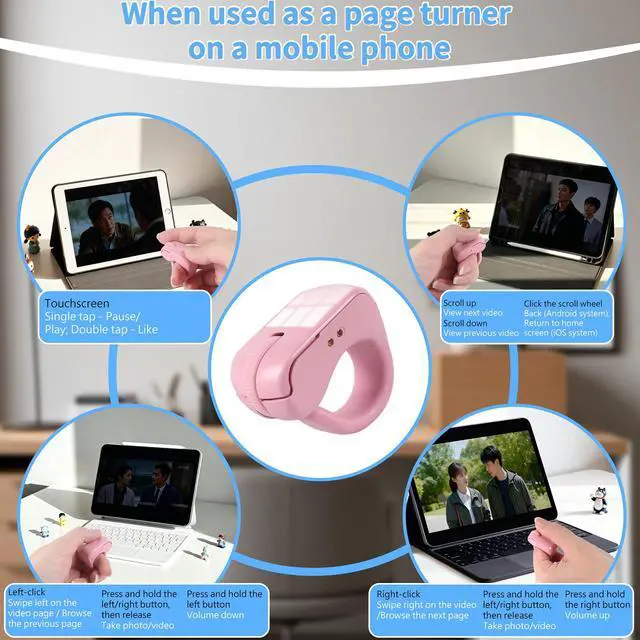 Alt view image 7 of 7 - Mini Bluetooth Wireless Mouse Dual Mode Finger & Ring Touchpad Design, Rechargeable with Charging Case for PC, Laptops, Tablets & Smartphones Ideal for Remote Control, Page Turning,Travel (Pink)