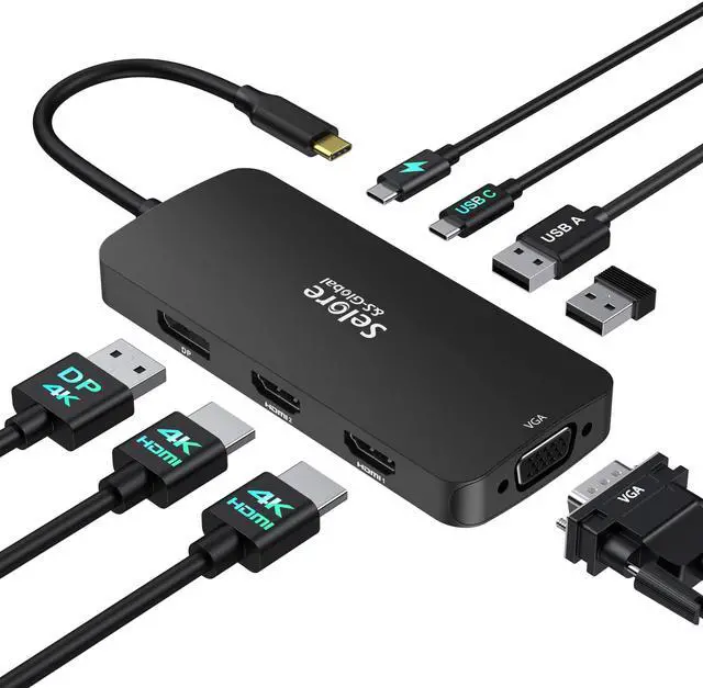Main image of USB C Docking Station Dual HDMI Monitor Adapter, Selore USB C Hub 3 Monitors with Dual HDMI, Displayport, VGA, 100W PD Charging, 3USB 2.0 Ports Adapter for Dell XPS,HP, Lenovo,etc(Black)