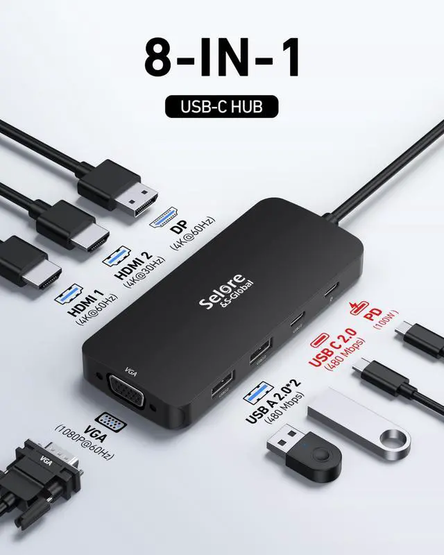 Alt view image 2 of 7 - USB C Docking Station Dual HDMI Monitor Adapter, Selore USB C Hub 3 Monitors with Dual HDMI, Displayport, VGA, 100W PD Charging, 3USB 2.0 Ports Adapter for Dell XPS,HP, Lenovo,etc(Black)