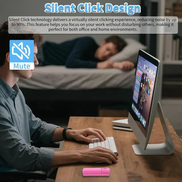 Alt view image 5 of 6 - Wireless Mini Finger Mouse - Silent Dual-Mode Bluetooth & 2.4GHz, Ergonomic Portable PC Mouse with Case, Compatible with MacBook and Chromebook (Pink)