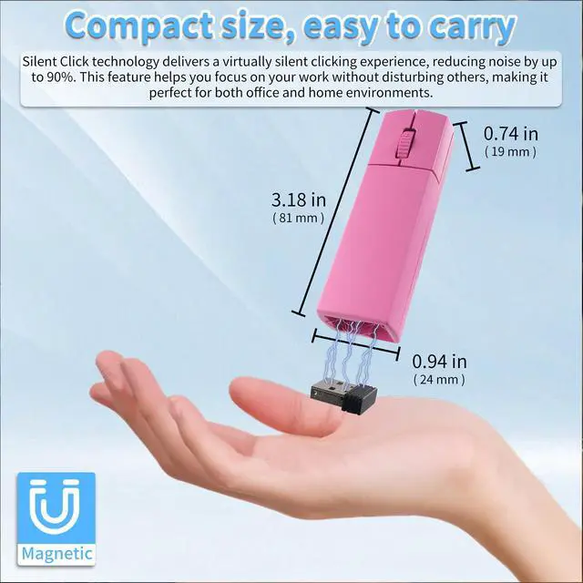 Alt view image 6 of 6 - Wireless Mini Finger Mouse - Silent Dual-Mode Bluetooth & 2.4GHz, Ergonomic Portable PC Mouse with Case, Compatible with MacBook and Chromebook (Pink)