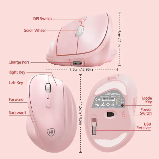 Alt view image 6 of 7 - Wireless Bluetooth Mouse Ergonomic Vertical for Laptop MacBook PC Tablet Rechargeable Silent Click Multi-Device 3-Mode 2.4G Adjustable DPI Compatible with Windows Android iOS MacOS Pink