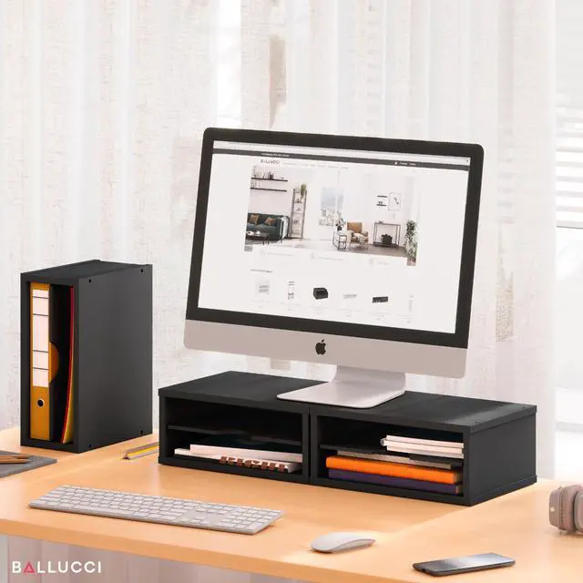 Alt view image 2 of 7 - File Organizer, 2-Tier Document Paper Sorter, Stackable Wood Desk Organizer Mail Holder, Monitor Stand with Storage Shelves, Black