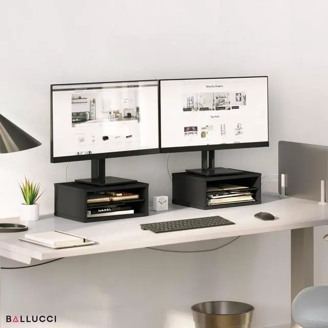 Alt view image 3 of 7 - File Organizer, 2-Tier Document Paper Sorter, Stackable Wood Desk Organizer Mail Holder, Monitor Stand with Storage Shelves, Black