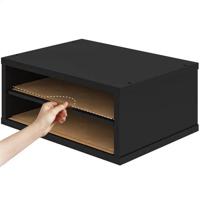 Alt view image 4 of 7 - File Organizer, 2-Tier Document Paper Sorter, Stackable Wood Desk Organizer Mail Holder, Monitor Stand with Storage Shelves, Black