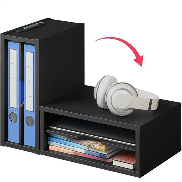 Alt view image 5 of 7 - File Organizer, 2-Tier Document Paper Sorter, Stackable Wood Desk Organizer Mail Holder, Monitor Stand with Storage Shelves, Black