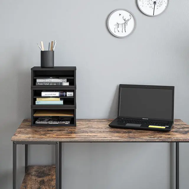 Alt view image 7 of 7 - File Organizer, 2-Tier Document Paper Sorter, Stackable Wood Desk Organizer Mail Holder, Monitor Stand with Storage Shelves, Black