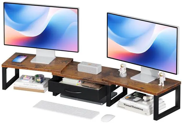 Main image of Desk Organizers and Accessories, Dual Monitor Stand Riser with Drawer, Computer Monitor Stand, Adjustable Desk Shelf for PC Laptop Printer TV, Brown