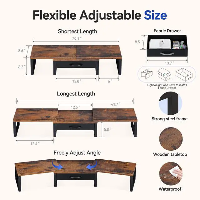 Alt view image 2 of 7 - Desk Organizers and Accessories, Dual Monitor Stand Riser with Drawer, Computer Monitor Stand, Adjustable Desk Shelf for PC Laptop Printer TV, Brown