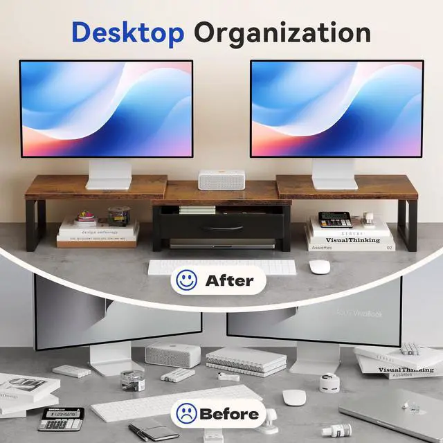 Alt view image 3 of 7 - Desk Organizers and Accessories, Dual Monitor Stand Riser with Drawer, Computer Monitor Stand, Adjustable Desk Shelf for PC Laptop Printer TV, Brown