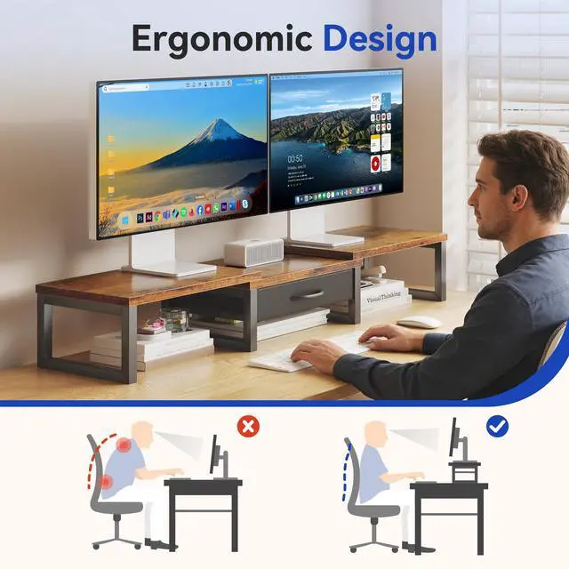 Alt view image 4 of 7 - Desk Organizers and Accessories, Dual Monitor Stand Riser with Drawer, Computer Monitor Stand, Adjustable Desk Shelf for PC Laptop Printer TV, Brown