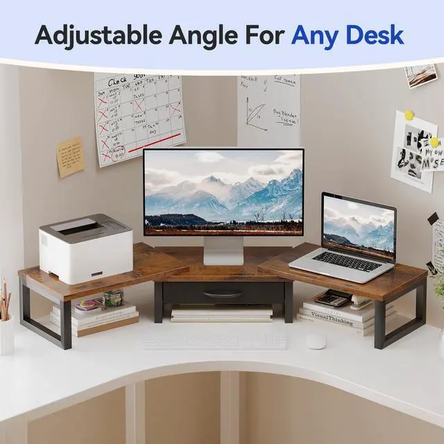 Alt view image 5 of 7 - Desk Organizers and Accessories, Dual Monitor Stand Riser with Drawer, Computer Monitor Stand, Adjustable Desk Shelf for PC Laptop Printer TV, Brown