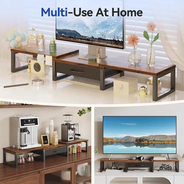 Alt view image 6 of 7 - Desk Organizers and Accessories, Dual Monitor Stand Riser with Drawer, Computer Monitor Stand, Adjustable Desk Shelf for PC Laptop Printer TV, Brown
